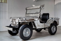 In God We Trust, 2009, stainless steel, handcrafted metal embellishments &amp;amp; jeep parts,&nbsp;70.9 x 136.6 x 70.1 inches/180 x 347 x 178 cm