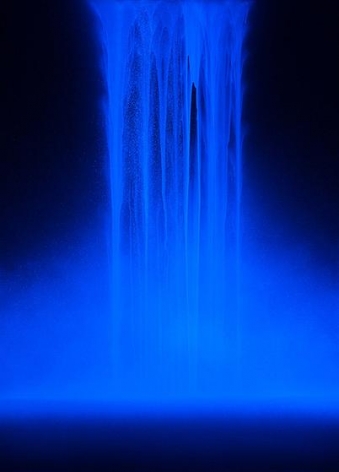 Hiroshi Senju, Waterfall under ultraviolet light, 2014, acrylic and fluorescent pigments on Japanese mulberry paper, 70 7/8 x 51 1/8 inches/180.02 x 129.86 cm.