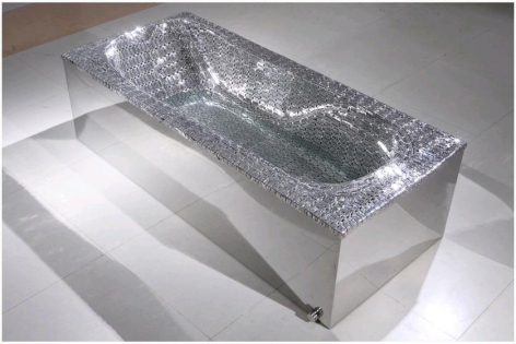 , Lets Take a Break, 2013, stainless steel made razor blades, stainless steel sheet, and water, 64 x 28 x 18.5 inches/163 x 72 x 47 cm