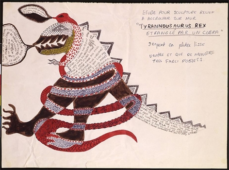 Niki de Saint Phalle, Study for sculpture Tyrannosaurus Rex, c.1963, marker, ink, pencil on paper, 14.2 x 19.3 inches
