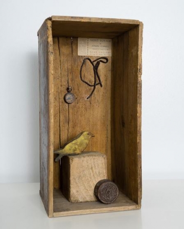 Night Voyage: Homage to Joseph Cornell, 1962, found object assemblage (including compass, bird carving and Egan Gallery label: Night Voyage by Joseph Cornell / Feb 10-Mar 10, 1953), 15.2 H x 7.6 W x 7.25 D