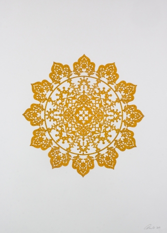 Anila Quayyum Agha, Flowers (Mustard Yellow), 2017, mixed media on paper (encaustic mustard yellow flower with gold beading), 30 x 22 inches/76.2 x 55.9 cm