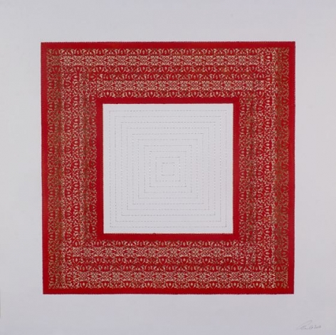 Anila Quayyum Agha, Flowers (Red and White Squares), 2017, mixed media on paper (encaustic red square with white stitching in center), 29.5 x 29.5 inches/74.9 x 74.9 cm