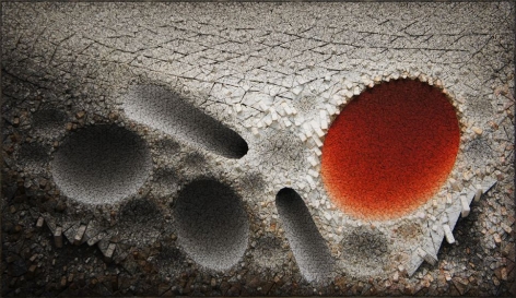 Aggregation 10 - JL020 Red,&nbsp;2010, mixed media with Korean mulberry paper, 44.9 x 76.8 inches/114 x 195 cm