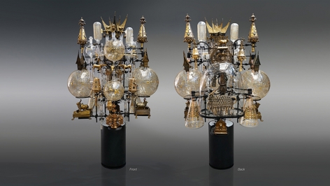 The Immanent Transcendental,&nbsp;2017&ndash;2020, assemblage sculpture with laboratory tubes, flasks and beakers (some etched with Hebrew text from Exodus and the Medieval scholar Rashi&rsquo;s writings, in-filled with 23-karat gold); antique glass dome; antique Torah scroll finials; bronze, brass and metal icons with tubular lights and an illuminated steel base, 70 x 45 x 38 inches/177.8 x 114.3&nbsp; x 96.5 cm