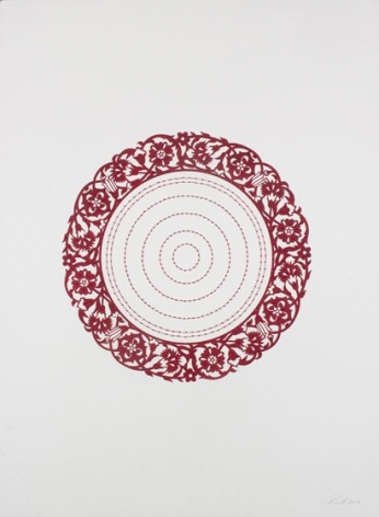 Anila Quayyum Agha, Flowers (Dark Red), 2017, mixed media on paper (encaustic dark red circle with dark red beading in center), 30 x 22 inches/76.2 x 55.9 cm
