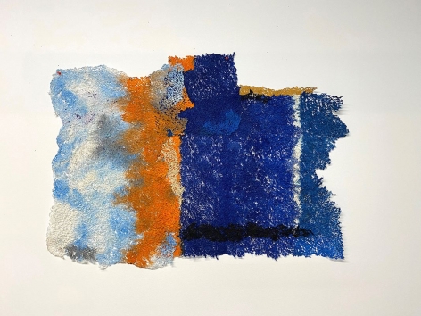 Seam of Hope, 2019-2020, plucked Japanese handmade paper, acrylic paint, thread, 28.5 x 40 inches/72.4 x 101.6 cm