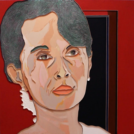 Lee Waisler, Aung San Suu Kyi, 2007, Acrylic and wood on canvas, 50 x 50&quot;