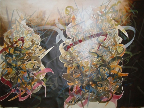 Khaled Al-Saai, Dialogue, 2008, Mixed media on canvas, 38.5 x 56.5&rdquo;