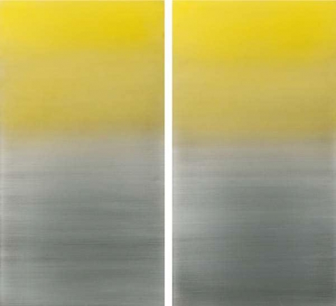 , Miya Ando, Gold diptych, 2015, urethane and pigment on aluminum, 48 x 48 inches/122 x 122 cm