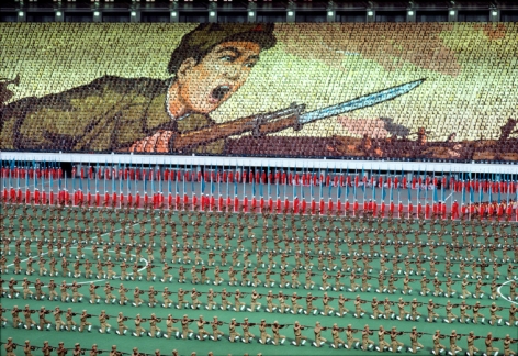 Hiroji Kubota, A mass game to celebrate Kim Il-Sung's birthday at the hundred-thousand-seat Kim Il-sung Stadium, Pyongyang, North Korea, 1982, dye-transfer print, 20 x 24 inches/50.8 x 61 cm © Hiroji Kubota/Magnum Photos