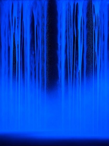 , Hiroshi Senju, Waterfall under ultraviolet light, 2014, acrylic and fluorescent pigments on Japanese mulberry paper, 102 x 76 5/16 inches/259.08 x 194 cm.