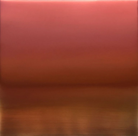 Miya Ando, Shu-Iro (Vermillion) 6.19.3.3.1, 2019, pigment, resin and urethane on aluminum, 36 x 36 inches/91.4 x 91.4 cm