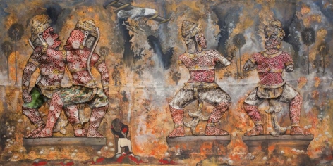Leang Seckon, Indochina War, 2015, mixed media on canvas, 78.7 x 157.5 inches/200 x 400 cm