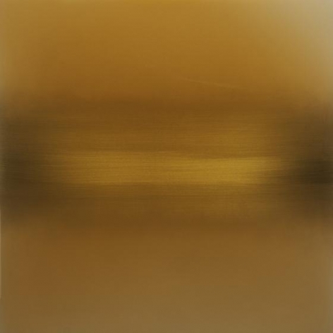 Vermillion Summer Yellow, 2014, pigment, lacquer, resin, dye on aluminum, 36 x 36 inches/91.5 x 91.5 cm