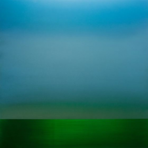 Miya Ando, Blue Green Sapphire 1, 2016, urethane and pigment on aluminum, 48 x 48 inches/122 x 122 cm