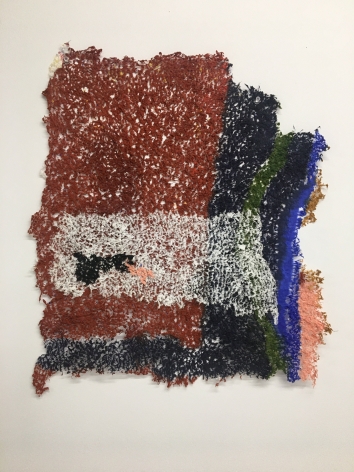 Charlevoix 2, 2019, plucked Japanese handmade paper, acrylic paint, thread, 21 x 18 inches/53.3 x 45.7 cm