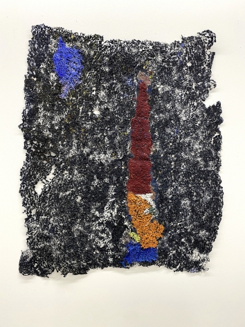 After Time, 2021, plucked Japanese handmade paper, acrylic paint, thread, acrylic polymer, 36 x 29.5 inches/91.4 x 75 cm