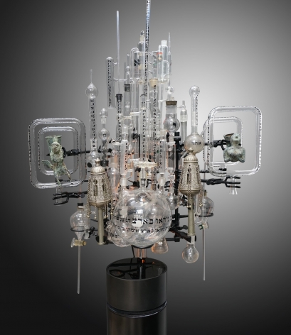 Genesis Series 2021-A, 2021, mixed-media, assemblage sculpture with vintage laboratory beakers, flasks and tubes with the Genesis text in Hebrew, antique Torah scroll finials, vintage bronze rhytons and tubular lights with steel base, 44 x 32 x 25 inches/111.8 x 81.3 x 63.5 cm