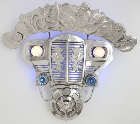 Transformers II (Maysayad), 2010, stainless steel, jeep parts &amp;amp; LED lights,&nbsp;68.5 x 56.7 inches/174 x 144 cm