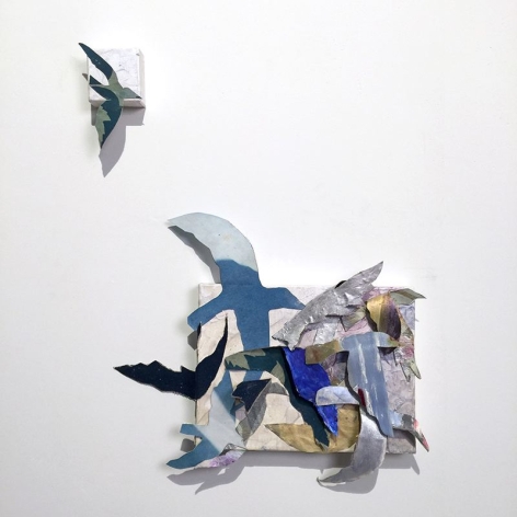 Susan Weil, Awing, 2018, acrylic, fabric collage, found paintings on canvas, 25 x 20 inches/63.5 x 50.8 cm