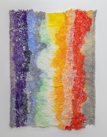 Making Lucid Stains, 2022, plucked Japanese handmade paper, acrylic paint, thread, acrylic polymer, 36 x 26 inches/91.4 x 66 cm