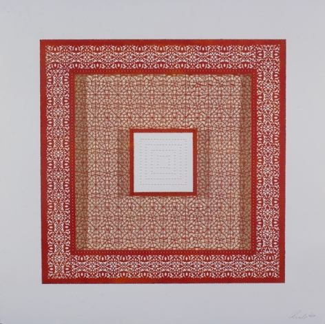 Anila Quayyum Agha, Flowers (Three Red Squares and One White), 2017, mixed media on paper (red square with white beads in center square; second square cutout with no backing), 29.5 x 29.5 inches/75 x 75 cm